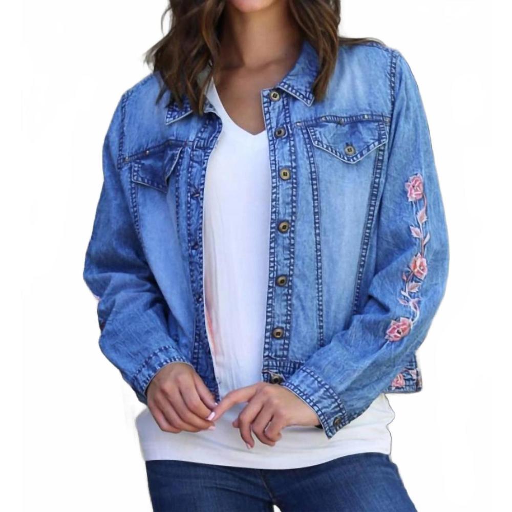 NEW NOSTALGIA denim jacket floral sleeves in blue
